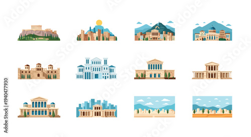 Flat style icon set of historic and city landmarks