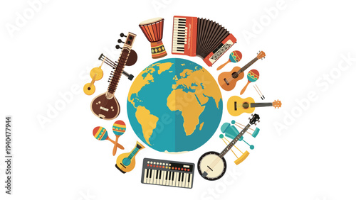 Global music celebration featuring diverse musical instruments around the world