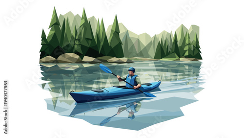 Geometric kayaking adventure in tranquil lake and forest landscape