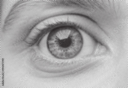 Close-up Macro Black and White Halftone of a Human Eye, Iris Detail, Intense Gaze, Vision and Perception Concept
