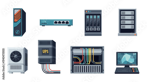 Data center equipment icons: colorful network and server devices in flat design