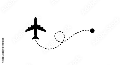 Airplane silhouette with dotted trajectory path flying to destination point featuring aircraft, plane, flight with