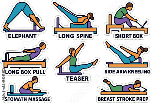 Colorful pilates exercise stickers featuring diverse poses on reformers