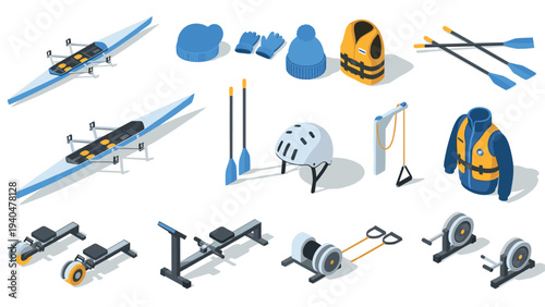 Rowing equipment and gear set in isometric style for outdoor adventure and fitness enthusiasts