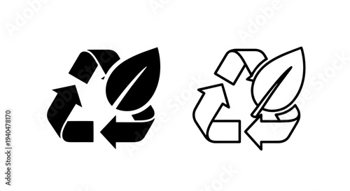 Recycle symbol with leaf icon: solid black and outline for eco