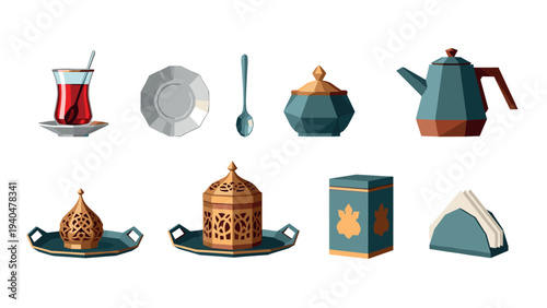 Traditional middle eastern tea set icons with geometric design in flat style