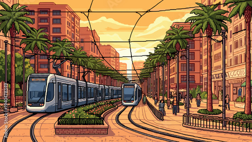 Vibrant city street with modern tram at sunset pixel art scene