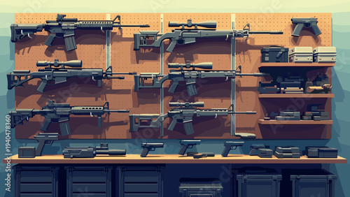 Modern animated firearm collection on display with various models and accessories