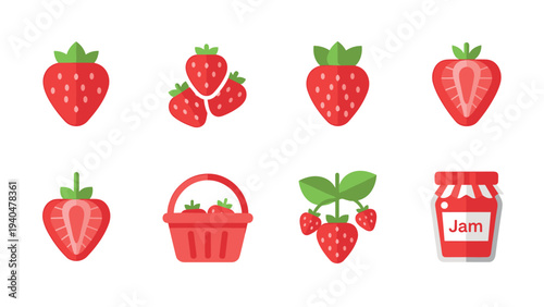 Colorful flat icons of strawberries and jam in various styles