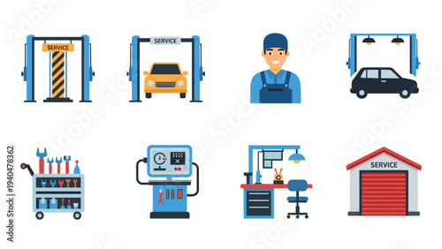 Car maintenance icons set: tools, garage, mechanic in flat design
