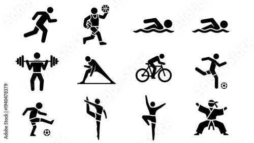 Black silhouette icons of sports activities and athletes in motion