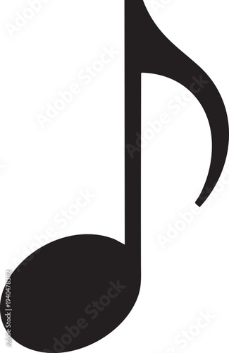 Black musical eighth note with stem and flag transparent background