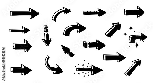 Arrows set with various black designs and styles featuring graphic elements, vector graphics, direction indicators with