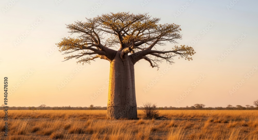 Fototapeta premium Iconic baobab tree stands tall in a savanna during golden hour.