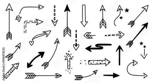 Arrows hand drawn set with various styles and designs featuring doodle, sketch, illustration with pointers and