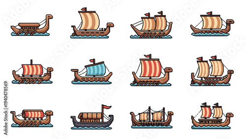 Set of cute viking ship icons in pixel art with sails and waves