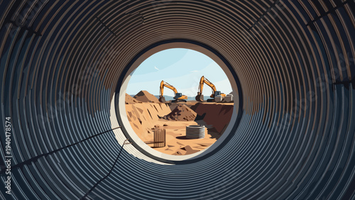 Construction site through metal pipe with excavators in desert landscape