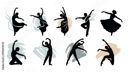 Elegant silhouettes of dancers in motion set against artistic brush strokes