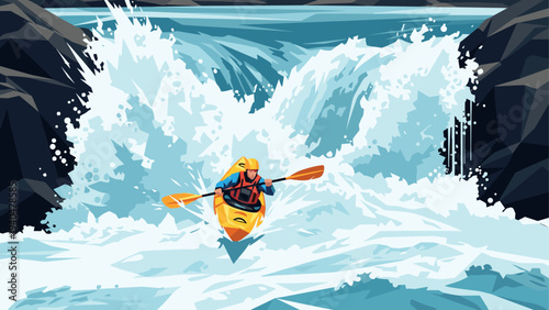 Dynamic kayaking adventure in rapids with cascading waterfall