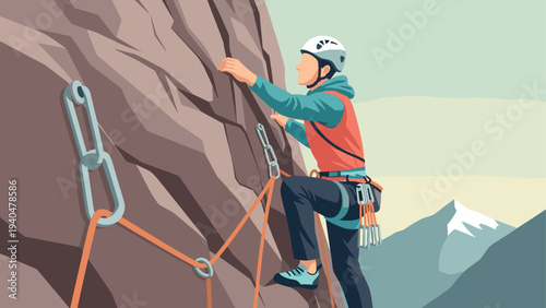 Mountain climber ascending rock face in outdoor adventure scene