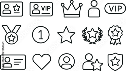 Minimalist vip and achievement icons set on dark background