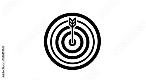 Target icon with arrow hitting center, black and white design featuring bullseye, simple, graphic with symbol and
