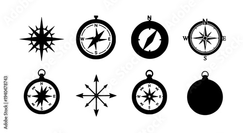 Compasses icon set with directional pointers and nautical symbols, vector illustrations. featuring compass, navigation,