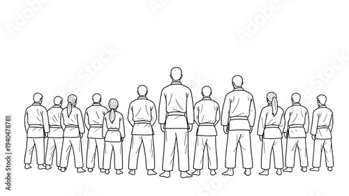 Line art group martial arts class with karate uniforms