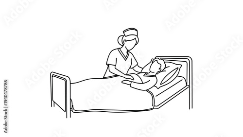 Nurse comforting patient in hospital bed: caring healthcare art in linear style