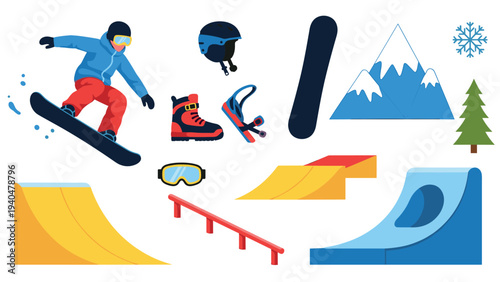 Snowboarding elements with gear and slopes in vibrant flat design