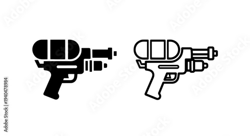 Solid and outline water gun toy icon for summer fun and play
