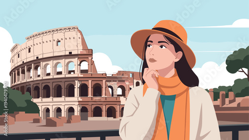 Traveler in rome: exploring the iconic colosseum in flat art style