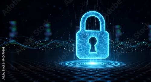 Wallpaper Mural A glowing blue padlock surrounded by digital waves on a dark background Torontodigital.ca