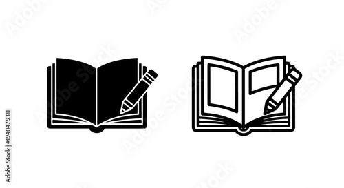 Open book and pencil icon - black flat and outline vector for education or writing