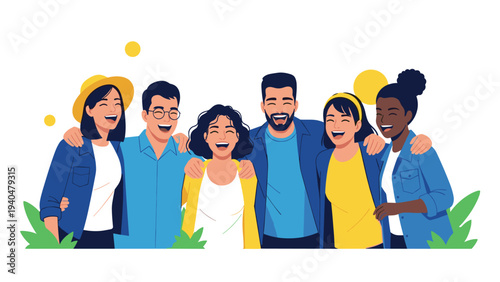Diverse group of friends smiling together in a flat style illustration