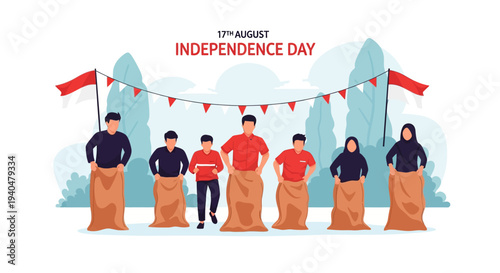 Indonesian Independence Day 17th August Sack Race Celebration Illustration with Traditional Games and National Flags