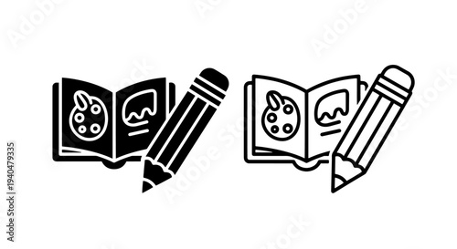 Art book with palette and pencil icon - black flat and outline vector for creativity
