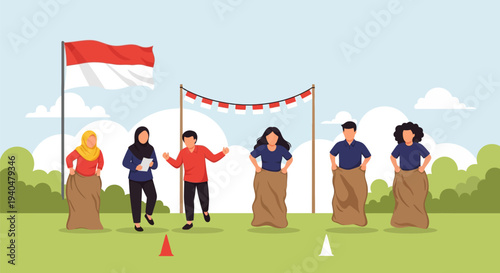 Indonesian Independence Day Sack Race Celebration. Diverse group having fun with traditional games and festive activities.