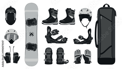 Essential snowboarding gear set with boots and helmets in flat design