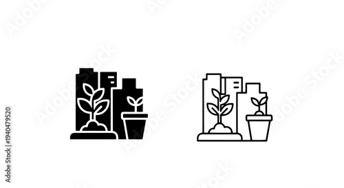 Urban greenery cityscape icon with plants and buildings for eco-friendly development