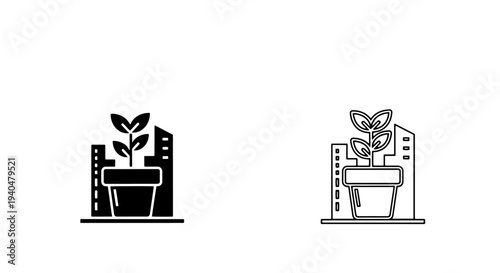 Plant in pot with city buildings icon for sustainable urban green development