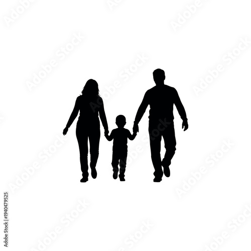 Silhouette of Family Walking Together Hand in Hand.