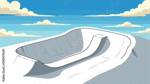 Snowy skate park under clear sky with gently clouded background