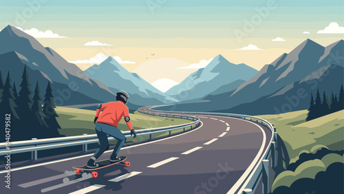 Longboarder on winding mountain road at sunset: adventure and freedom