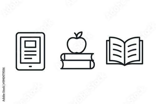 Linear icons of e-reader, books with apple, and open book for education themes