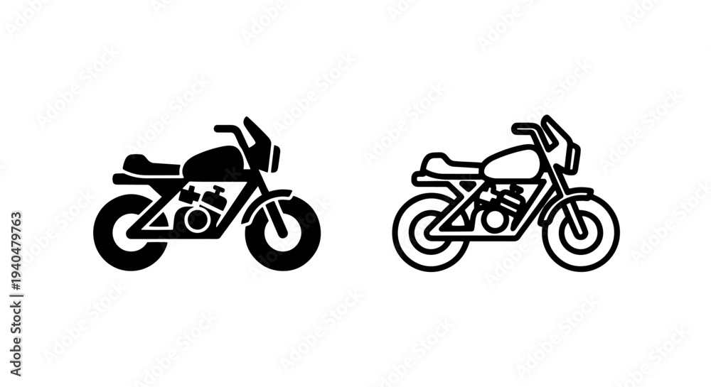 Fototapeta premium Black and outline motorcycle icons for transport and travel themes
