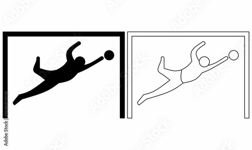 Hand drawing goalkeeper diving to catch ball inside goal frame. Sport soccer icon set showing silhouette and outline.vector illustration