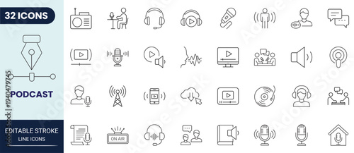 Podcast icon set in outline style. Modern icon collection. Editable stroke. Full vector collection.