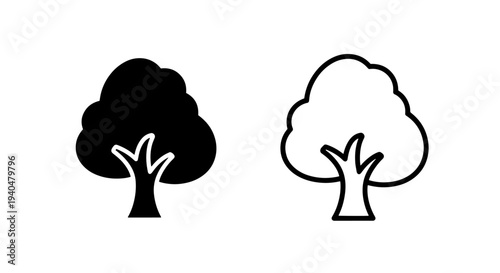 Black and outline tree icons for nature, environment, and ecology designs