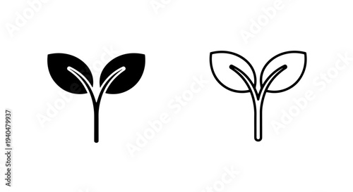 Plant stem with two leaves icon, solid and outline, symbolizing nature, growth, and ecolog